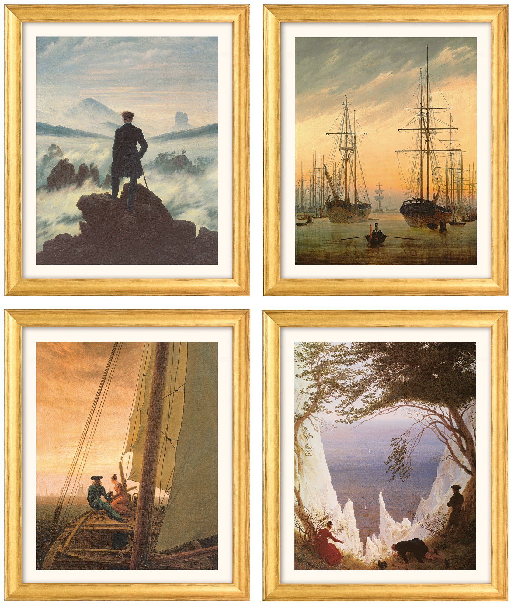 Caspar David Friedrich: 4 Bilder im Set, Version goldfarben gerahmt