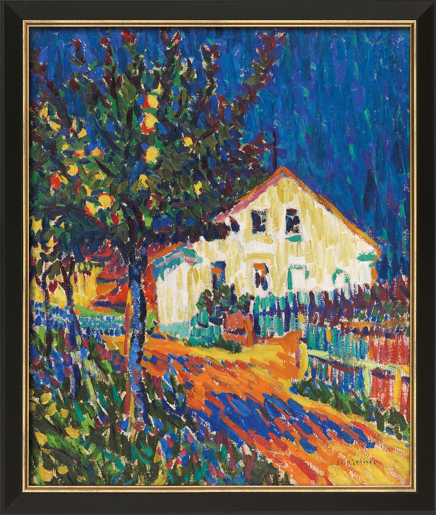 Ernst Ludwig Kirchner: Bild 'Dorfstraße mit Apfelbäumen' (1907), Version schwarz-goldfarben gerahmt