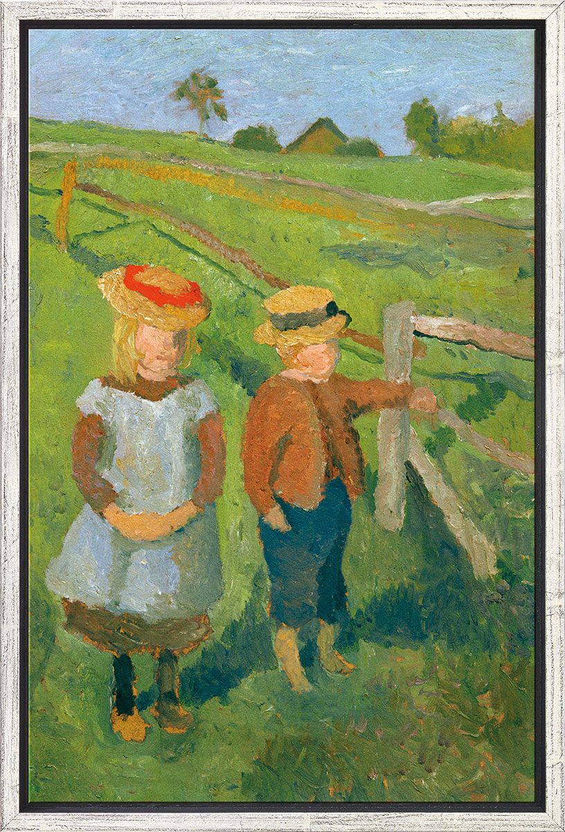 Paula Modersohn-Becker: Bild 'Zwei Kinder in der Sonne am Wiesenzaun stehend' (1902), gerahmt
