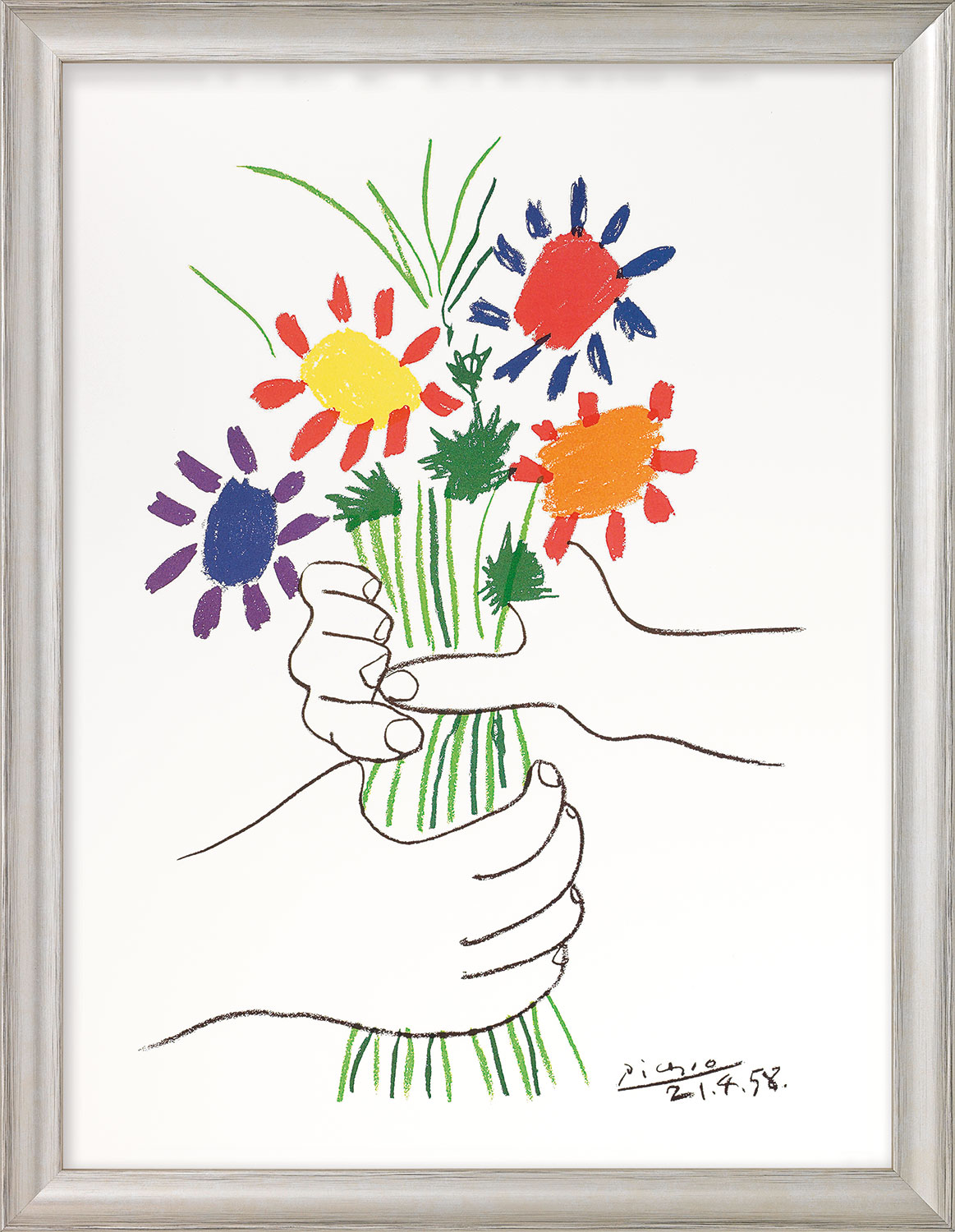Pablo Picasso: Bild 'Hände mit Blumenstrauß' (1958), gerahmt
