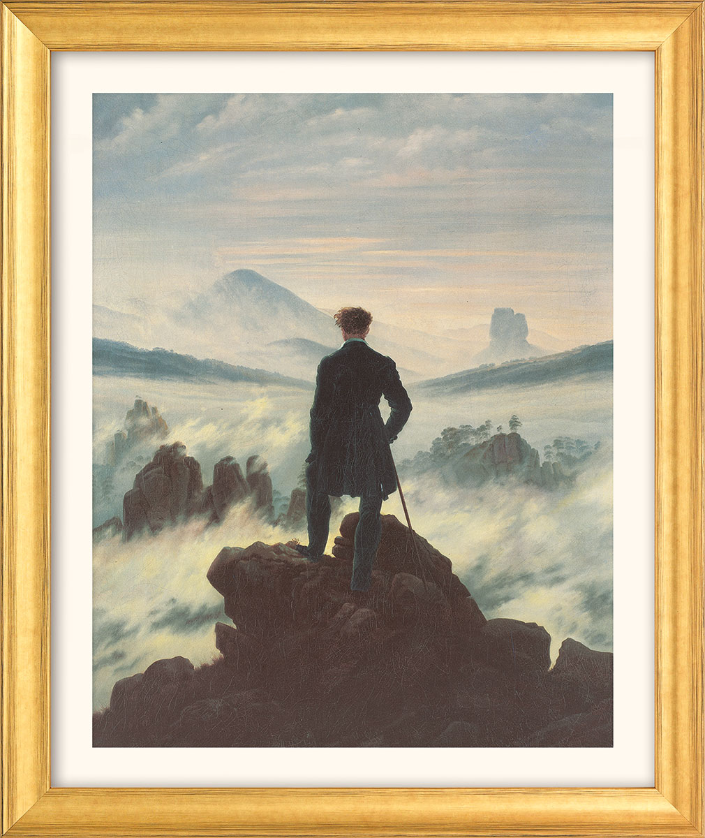 Caspar David Friedrich: Bild 'Der Wanderer über dem Nebelmeer' (1818), Version goldfarben gerahmt