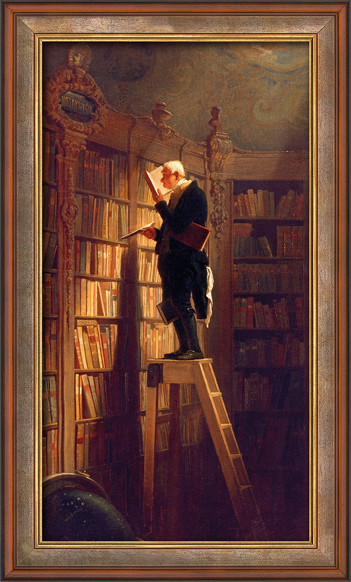Carl Spitzweg: Bild 'Der Bücherwurm' (um 1850), Version rotbraun gerahmt