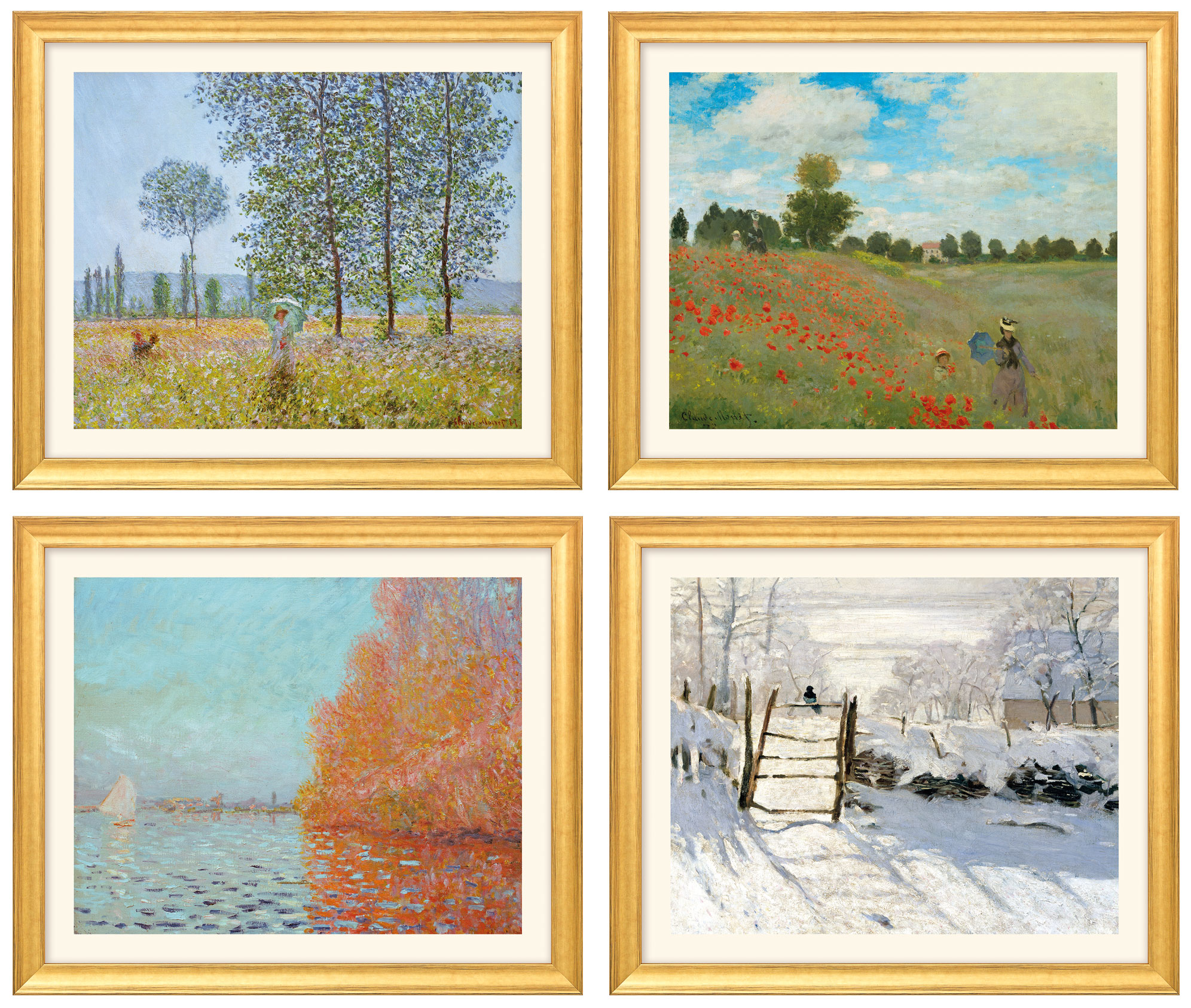 Claude Monet: 4 Landschaftsbilder im Set, Version goldfarben gerahmt