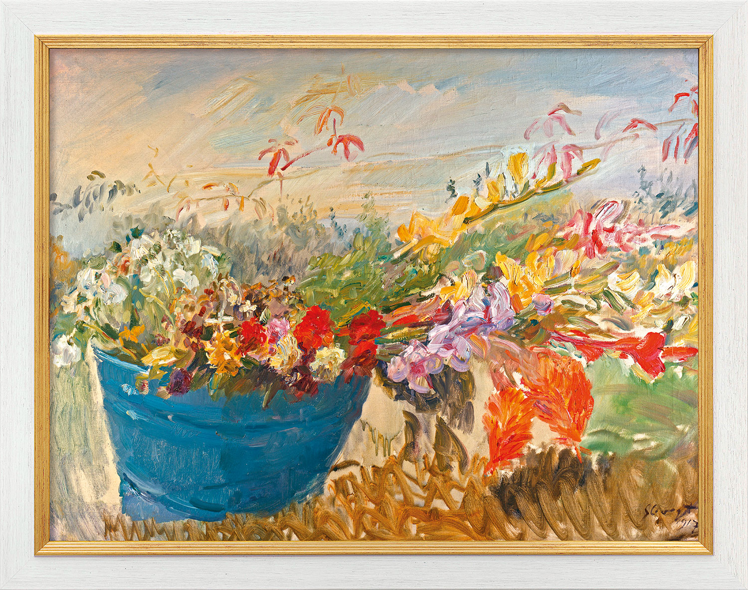 Max Slevogt: Bild 'Blumenstillleben im Freien' (1917), Version weiß-goldfarben gerahmt
