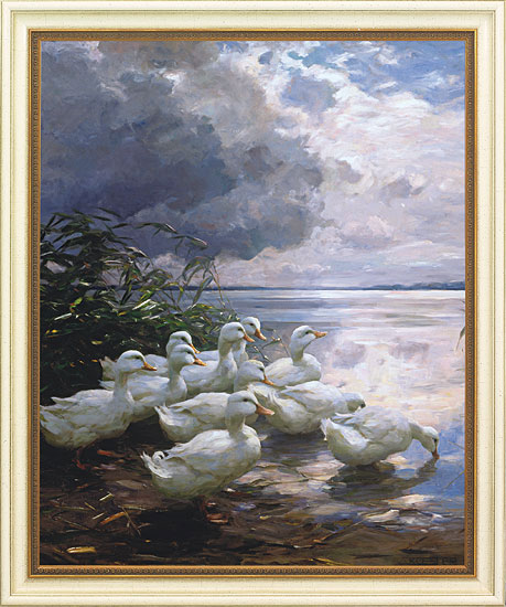 Alexander Koester: Bild 'Enten am wolkenverhangenen Seeufer', gerahmt