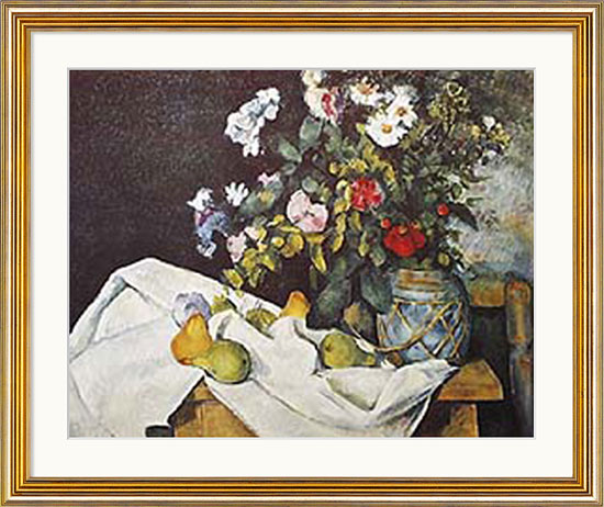 Paul Cézanne: Bild 'Stillleben mit Blumen und Früchten', gerahmt