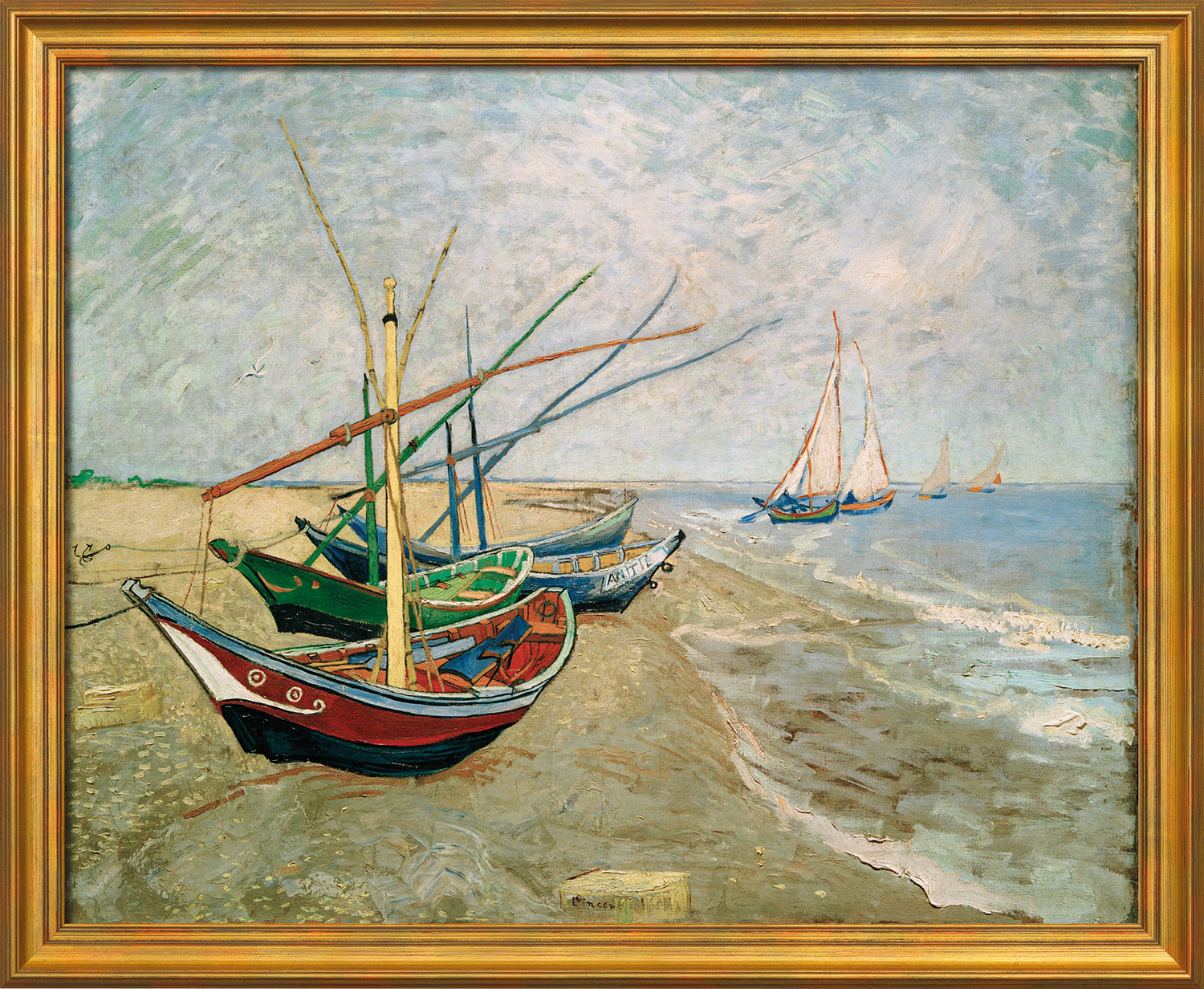 Vincent van Gogh: Bild 'Fischerboote am Strand von Les Saintes-Marie-de-la-Mer' (1888), gerahmt