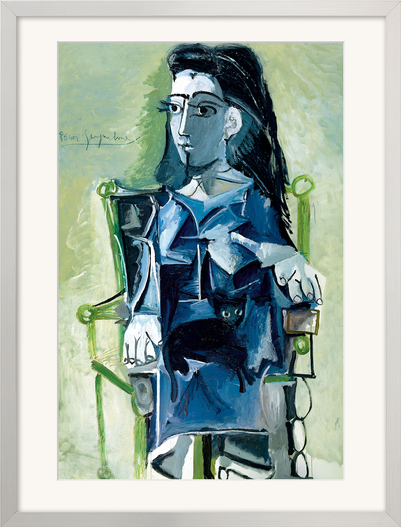 Pablo Picasso: Bild 'Jacqueline sitzend mit einer Katze' (1964), gerahmt