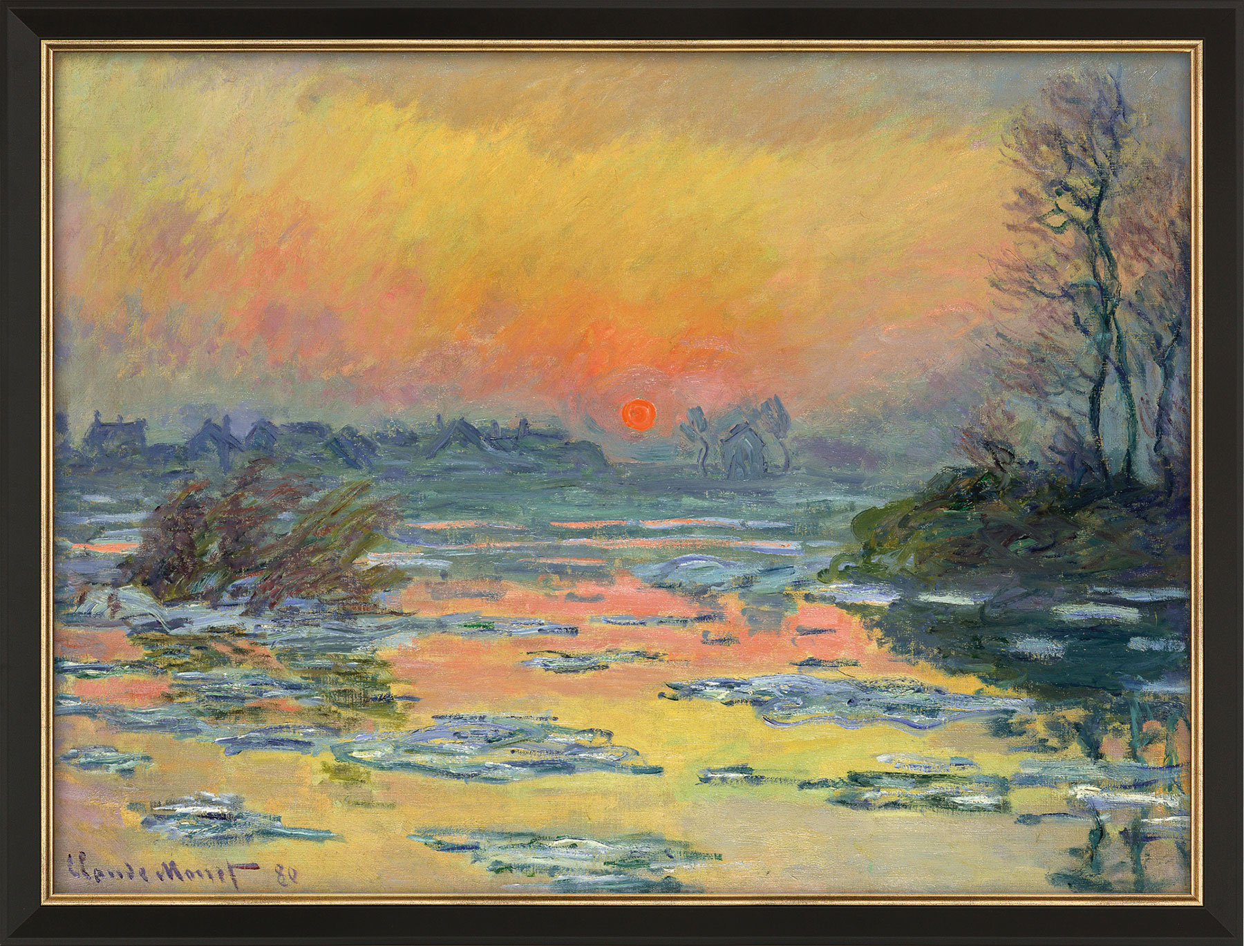 Claude Monet: Painting 'Sunset on the Seine in Winter' (1880), version framed in black and gold colour