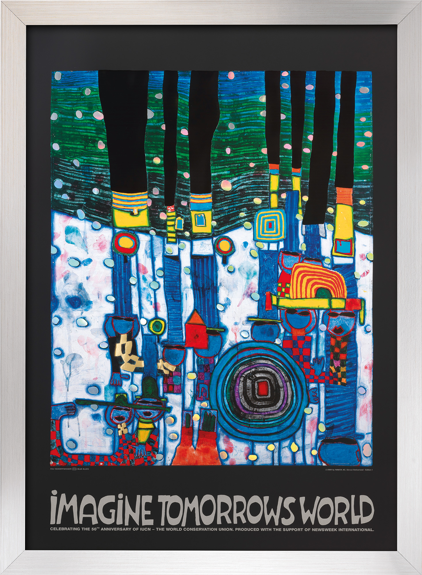 Friedensreich Hundertwasser: Billede 'Imagine tomorrows world' (blå version), indrammet