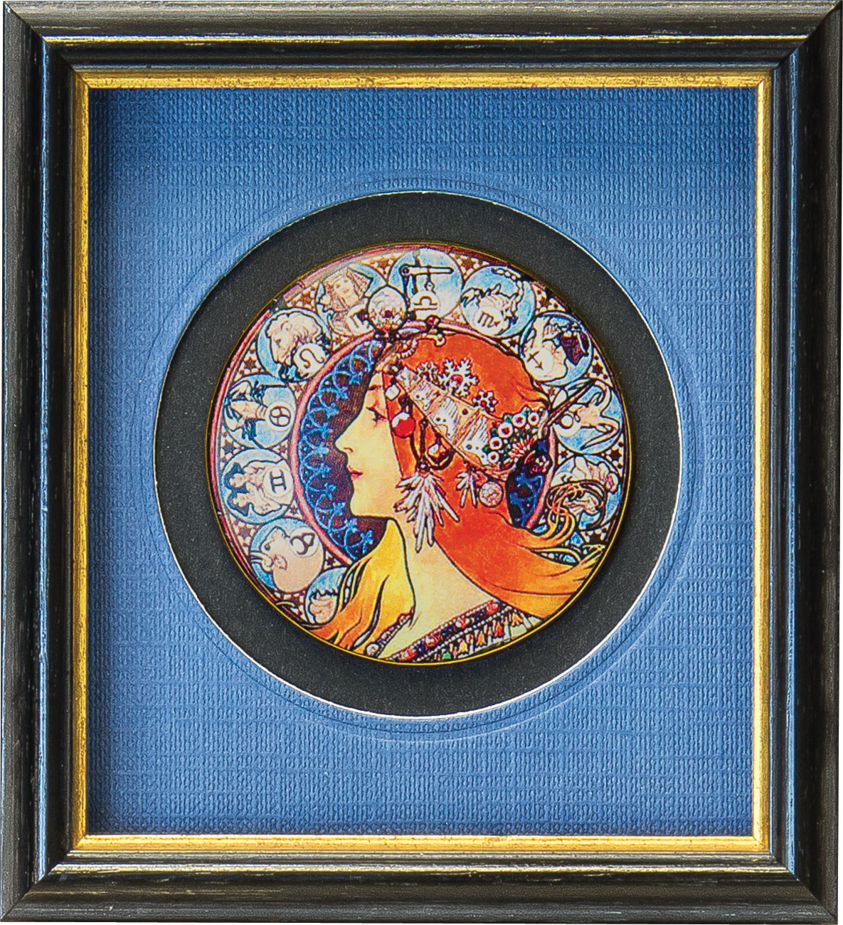 Alphonse Mucha: Miniatur-Porzellanbild 'Zodiak', gerahmt