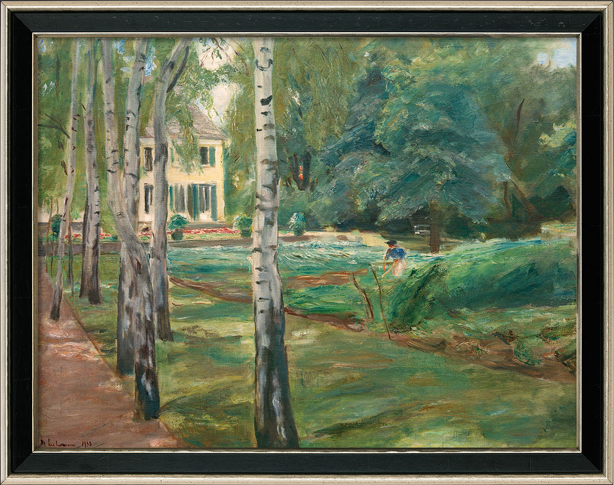 Max Liebermann: Bild 'Die Birkenallee im Wannseegarten nach Westen' (1918), Version schwarz-silberfarben gerahmt
