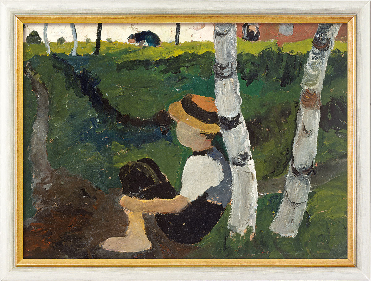 Paula Modersohn-Becker: Bild 'Knabe am Weg unter Birken' (1900), gerahmt