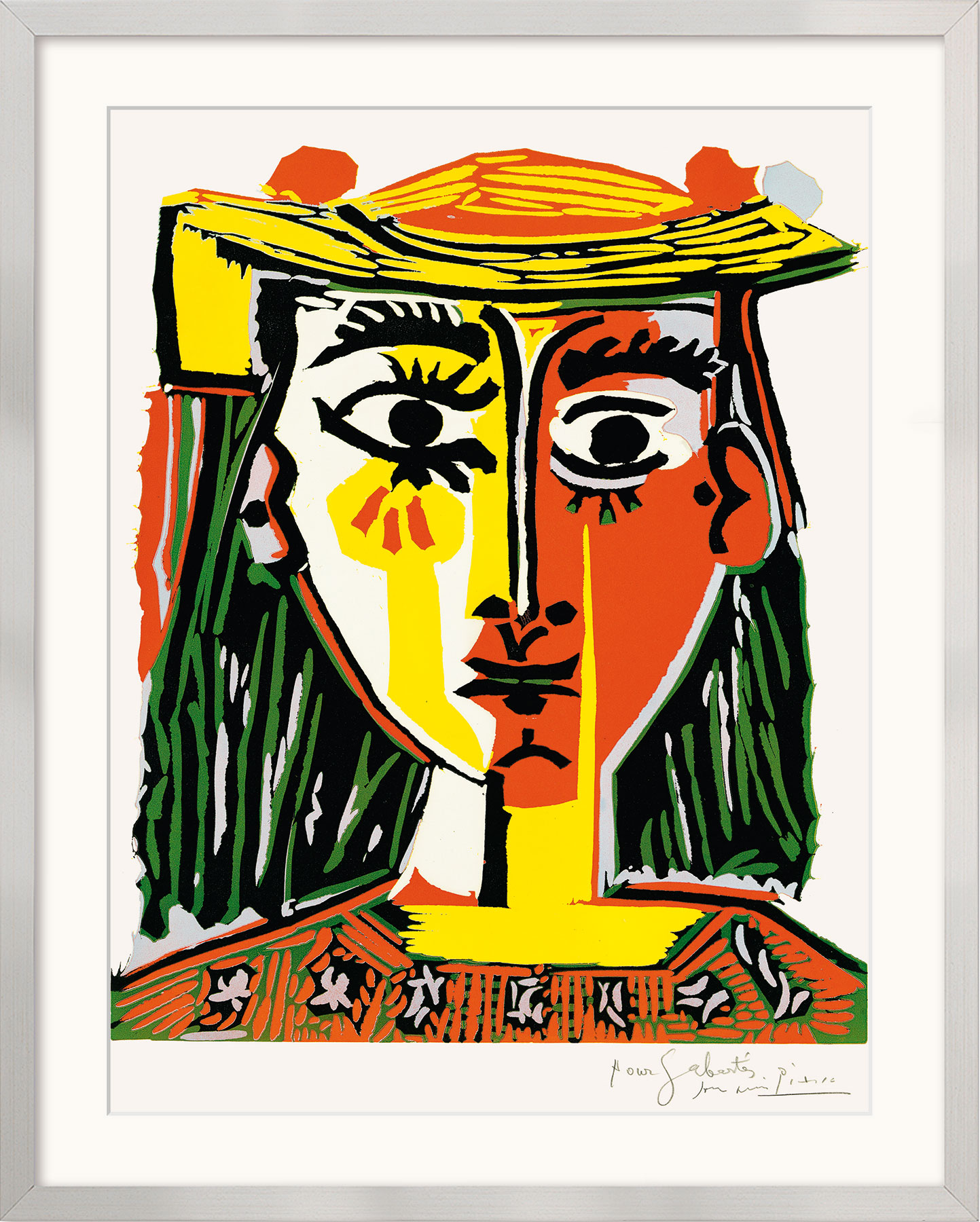 Pablo Picasso: Bild 'Frau mit Pompom-Hut und einer bedruckten Bluse' (1962), gerahmt