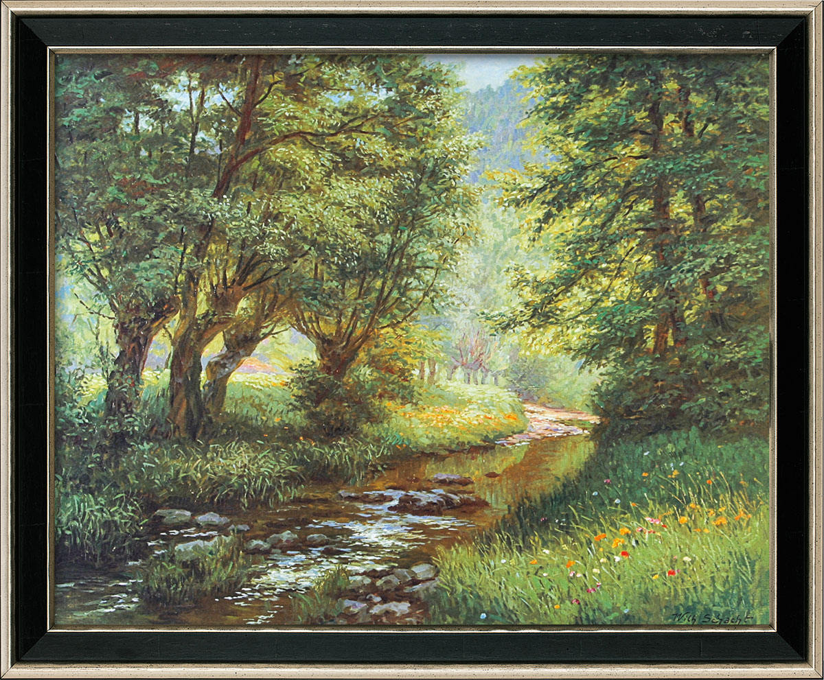 Wilhelm Schacht: Bild 'Forellenbach im Frankenwald', Version schwarz-silberfarben gerahmt