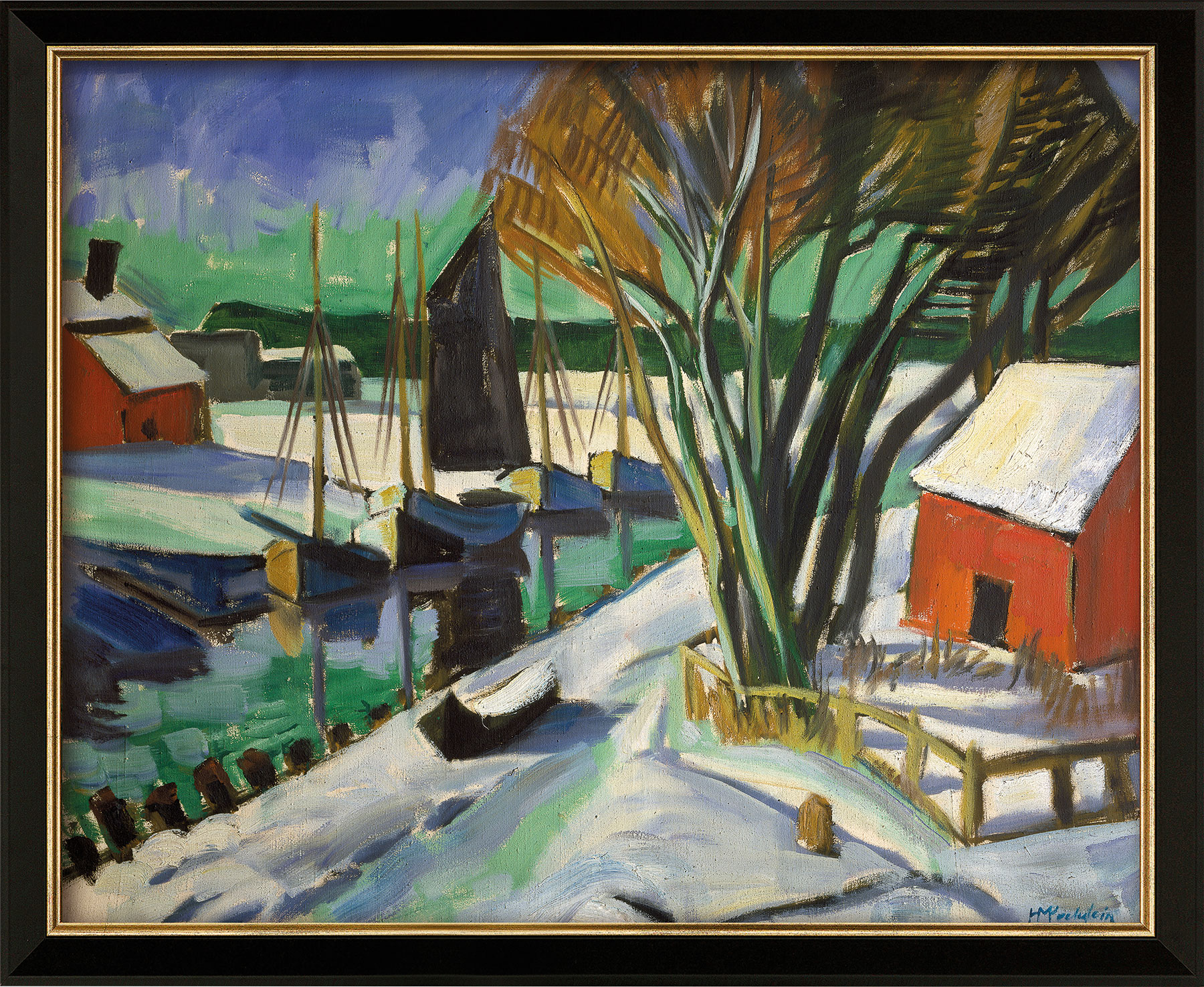 Max Pechstein: Bild 'Am Strom im Winter (Leba)' (1922), Version schwarz gerahmt
