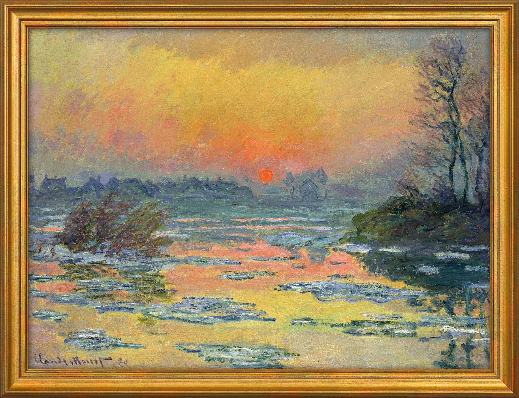 Claude Monet: Painting 'Sunset on the Seine in Winter' (1880), gold-coloured framed version