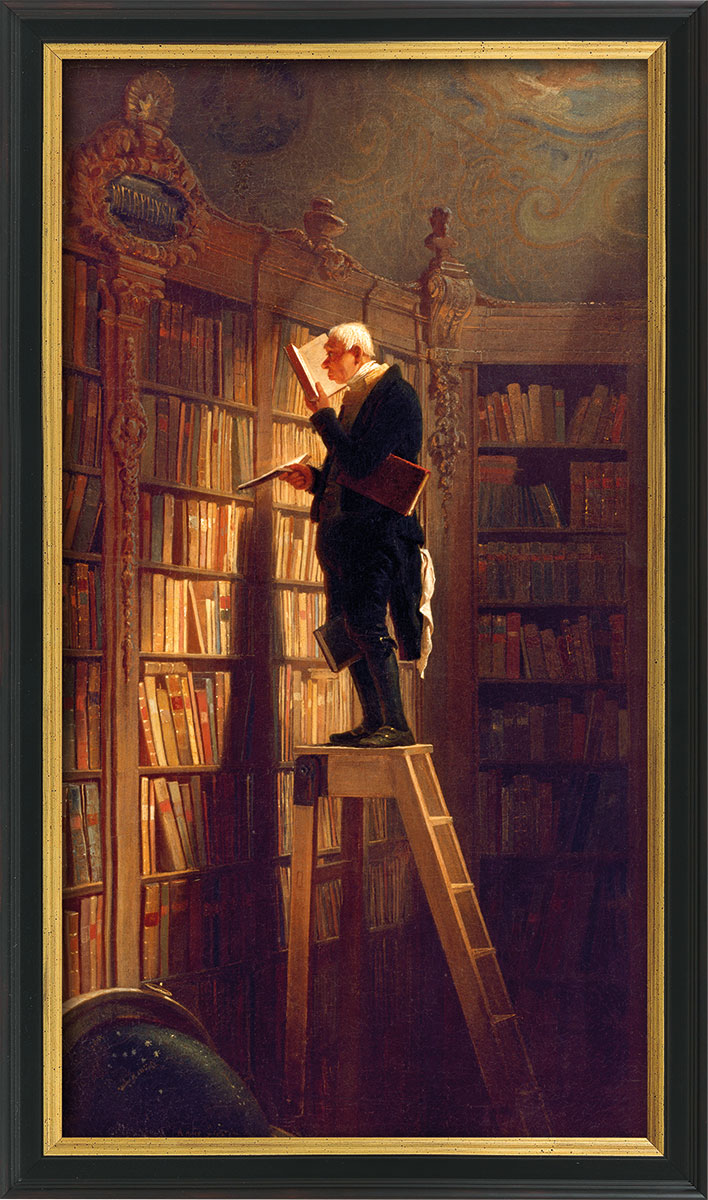 Carl Spitzweg: Bild 'Der Bücherwurm' (um 1850), Version schwarz-goldfarben gerahmt