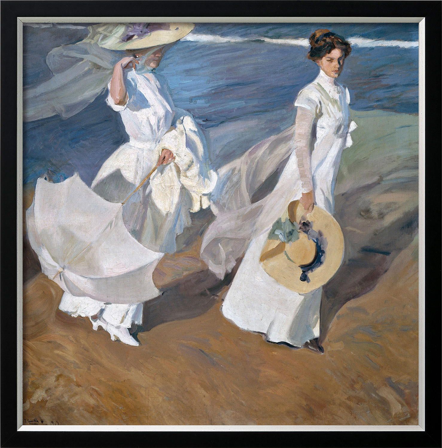 Joaquín Sorolla y Bastida: Bild 'Spaziergang am Strand' (1909), Version schwarz-silberfarben gerahmt