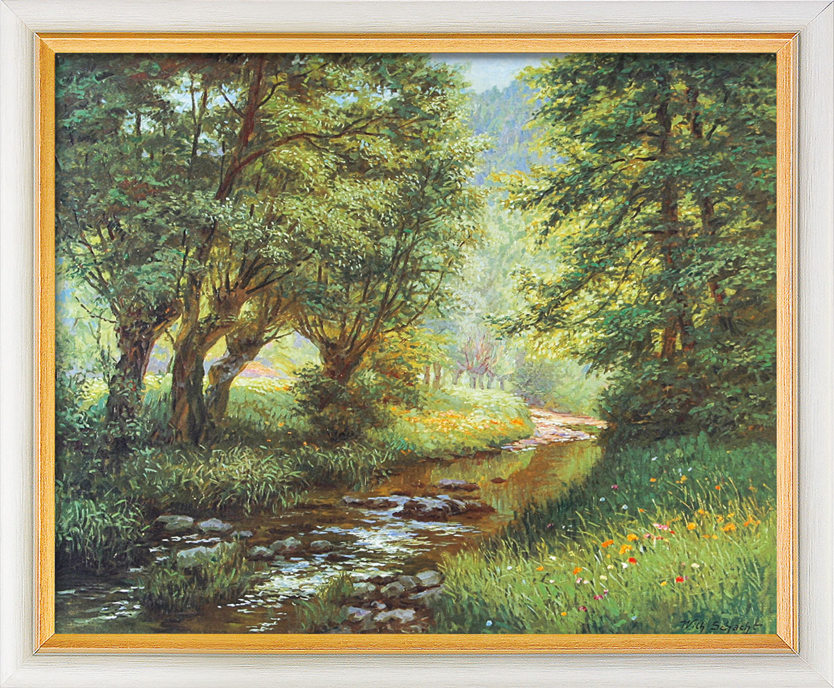 Wilhelm Schacht: Bild 'Forellenbach im Frankenwald', Version weiß-goldfarben gerahmt