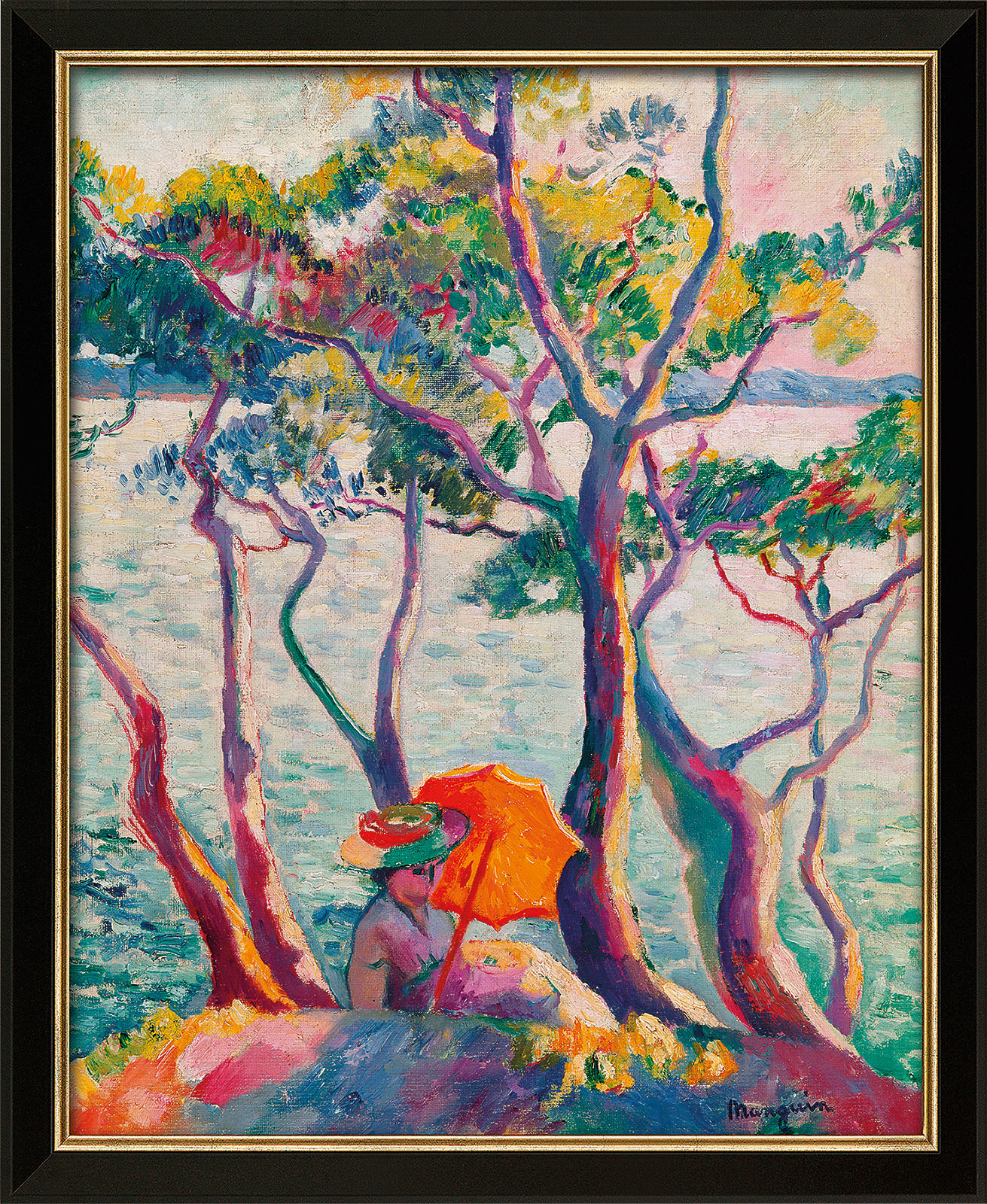Henri Manguin: Bild 'Jeanne à l'ombrelle, Cavalière' (1905/1906), Version schwarz-goldfarben gerahmt