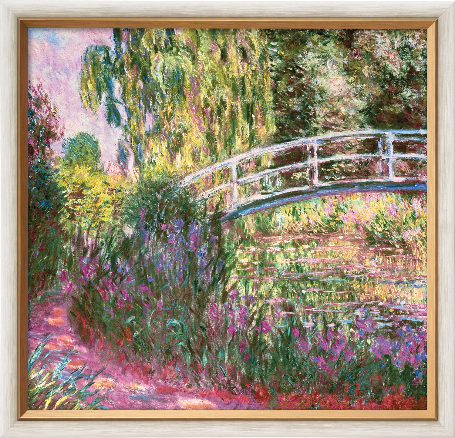 Claude Monet: Bild 'Die japanische Brücke im Garten von Giverny' (um 1900), Version weiß-goldfarben gerahmt