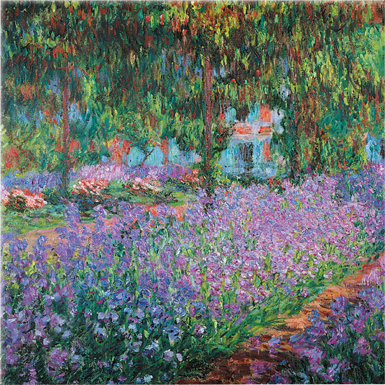 Claude Monet : Objet mural 'Parterre d'iris dans le jardin de Monet', verre