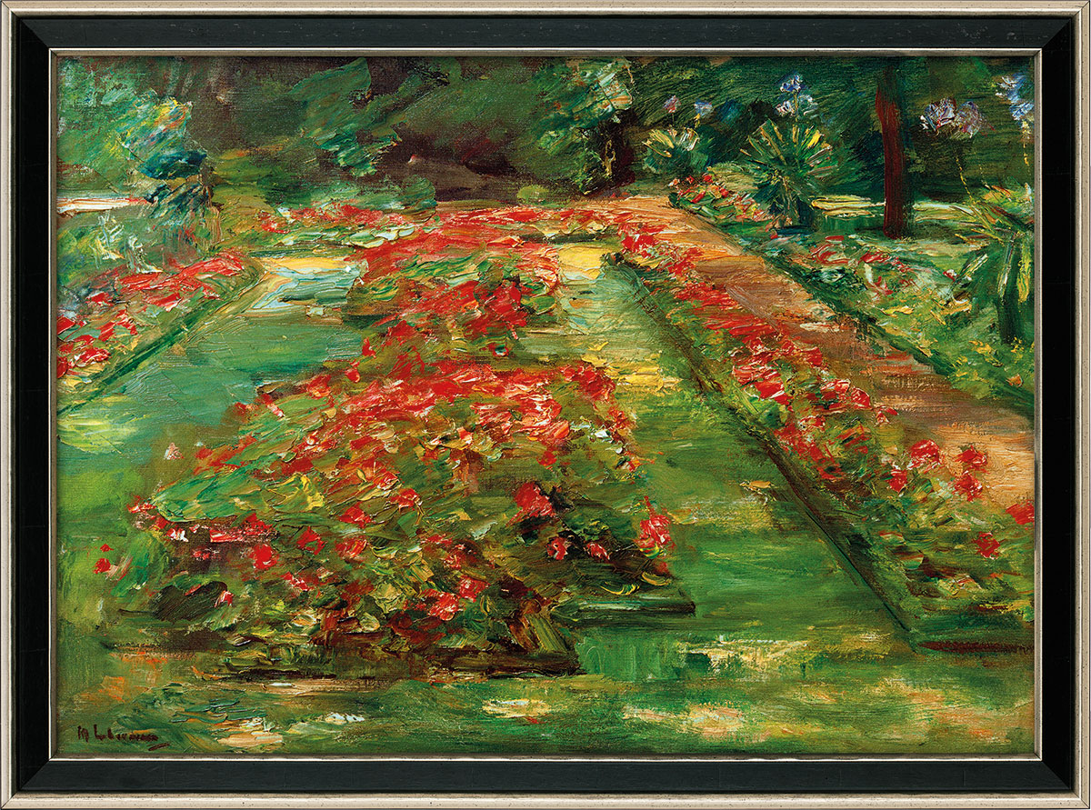 Max Liebermann: Bild 'Die Blumenterrasse im Wannseegarten nach Norden' (1928), Version schwarz-silberfarben gerahmt