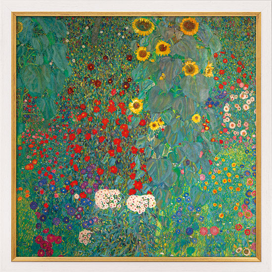 Gustav Klimt: Bild 'Bauerngarten mit Sonnenblumen' (um 1907), Version weiß-goldfarben gerahmt