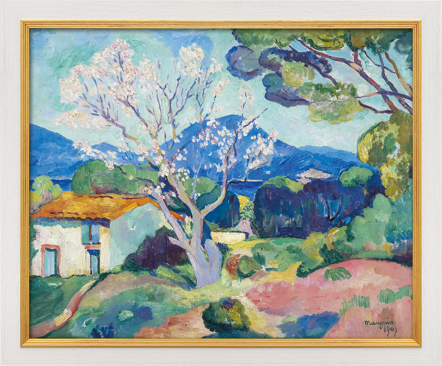 Henri Manguin: Bild 'L'Amandier en fleurs' (1907), Version weiß-goldfarben gerahmt