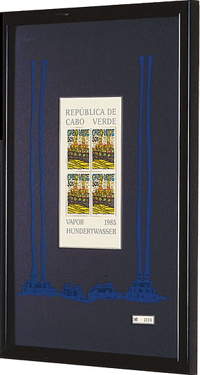 Friedensreich Hundertwasser: Bild 'Vapor - Der Dampfer von Kap Verde'. Sonderausgabe mit 4 Briefmarken à 50 Escudos, blau