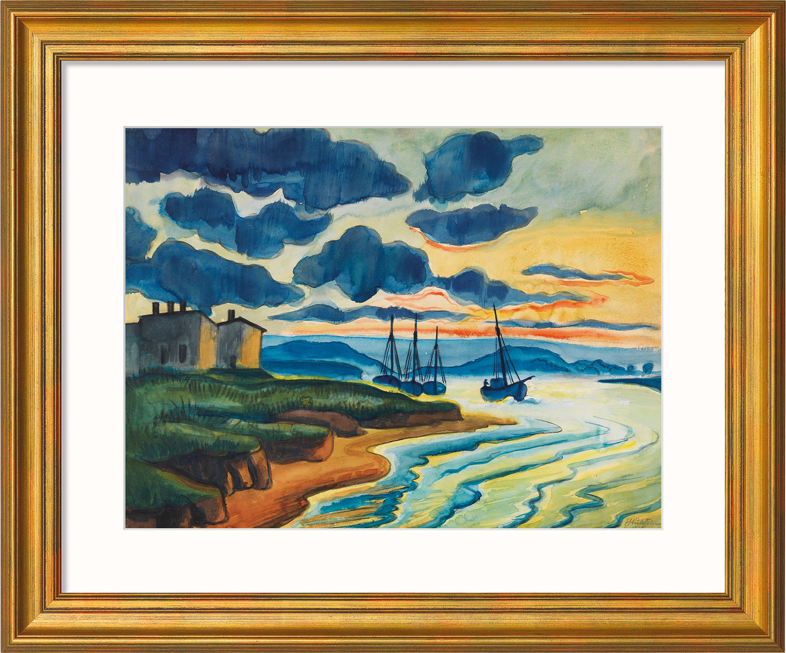 Max Pechstein: Bild 'Sonnenuntergang' (1925), Version goldfarben gerahmt