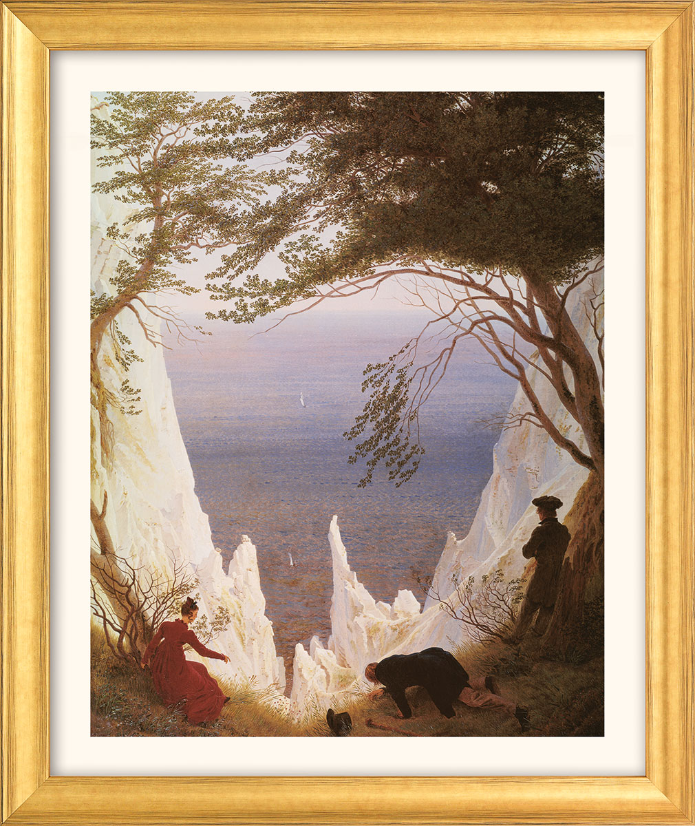Caspar David Friedrich: Bild 'Kreidefelsen auf Rügen' (1818), Version goldfarben gerahmt