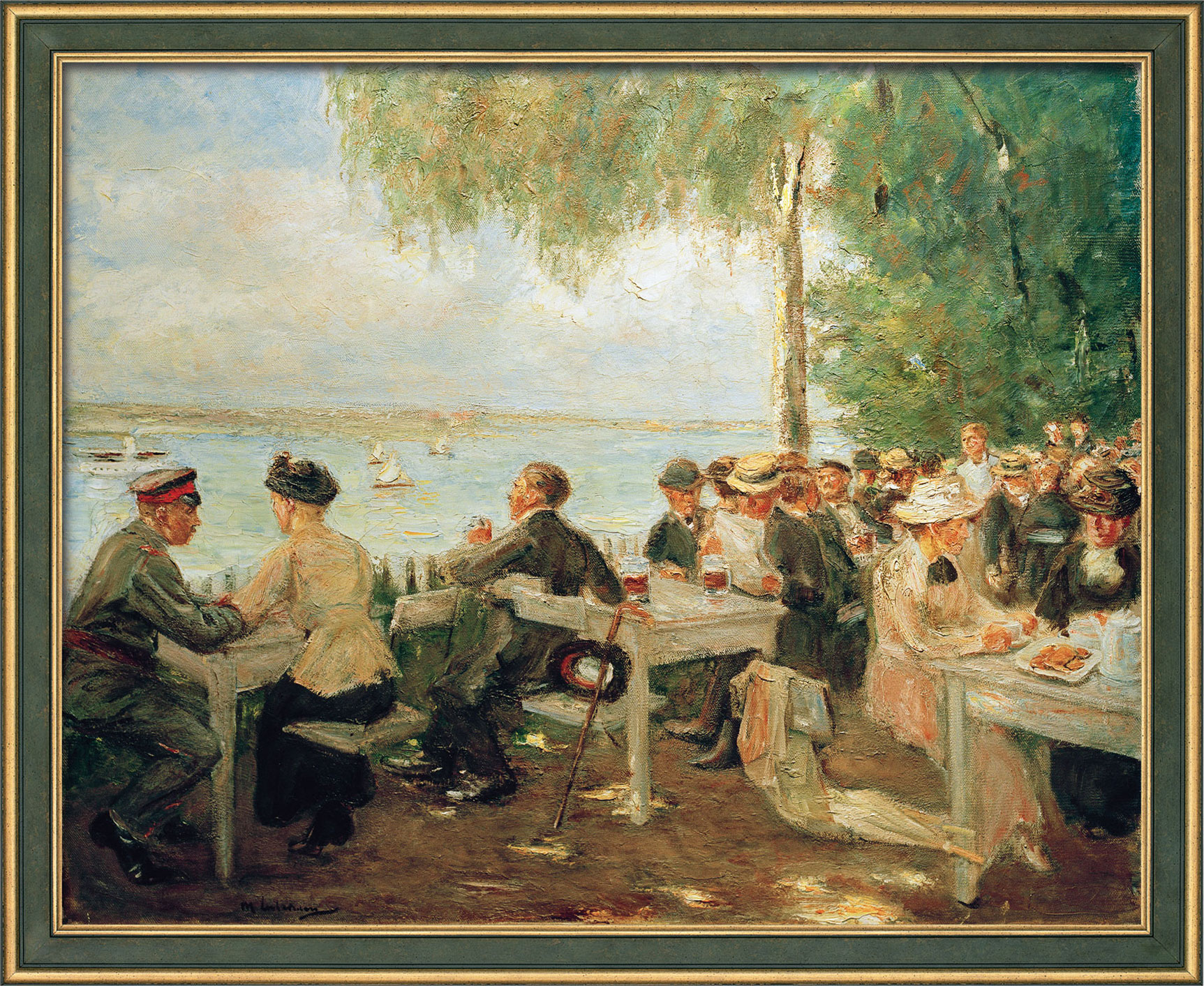 Max Liebermann: Bild 'Gartenlokal an der Havel - Nikolskoe' (1916), Version grün-goldfarben gerahmt
