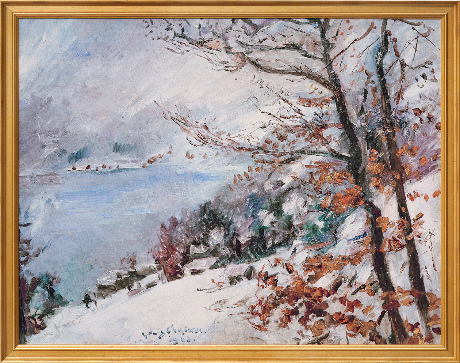Lovis Corinth: Bild 'Walchensee im Winter' (1923), Version goldfarben gerahmt