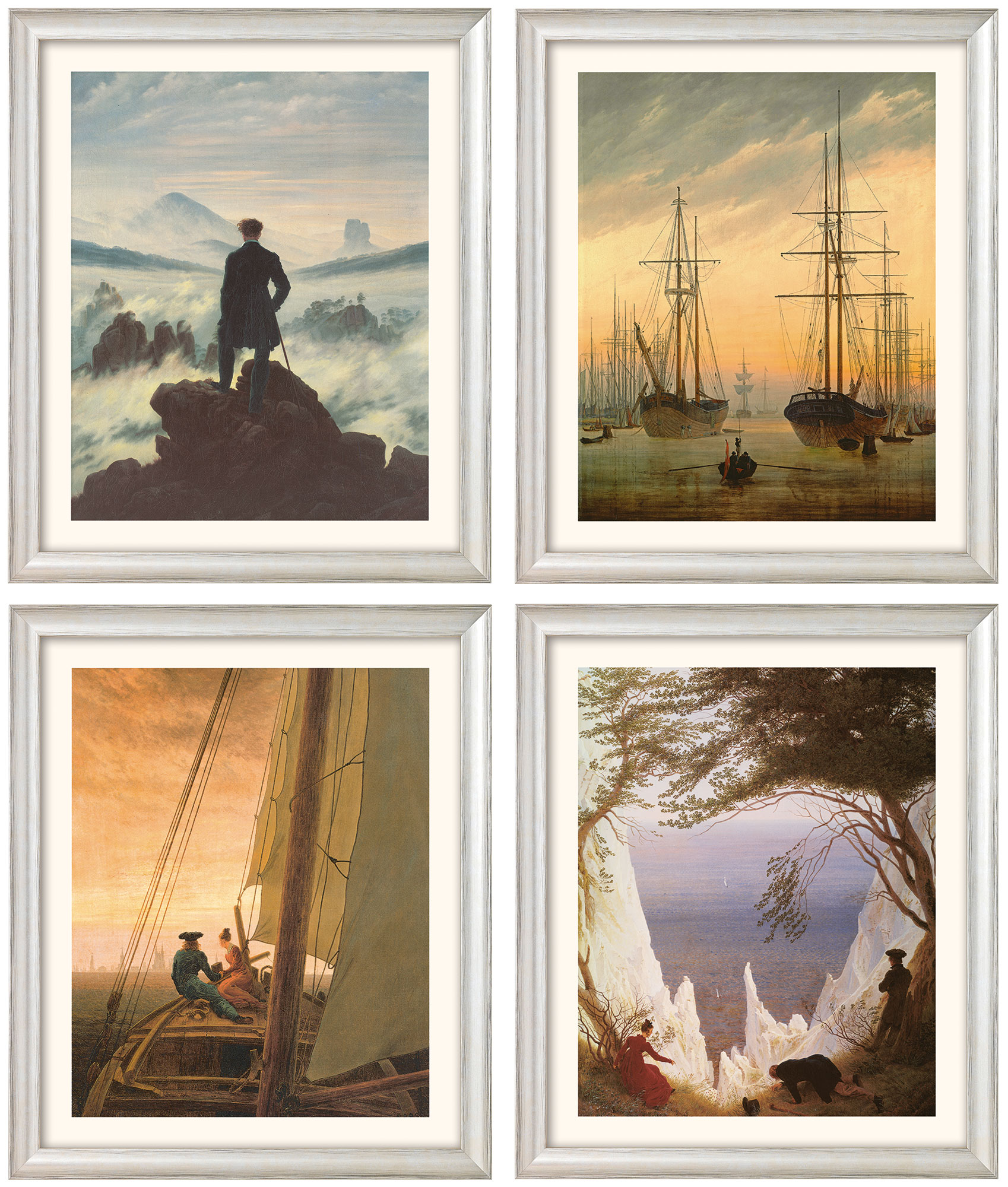 Caspar David Friedrich: 4 Bilder im Set, Version silberfarben gerahmt