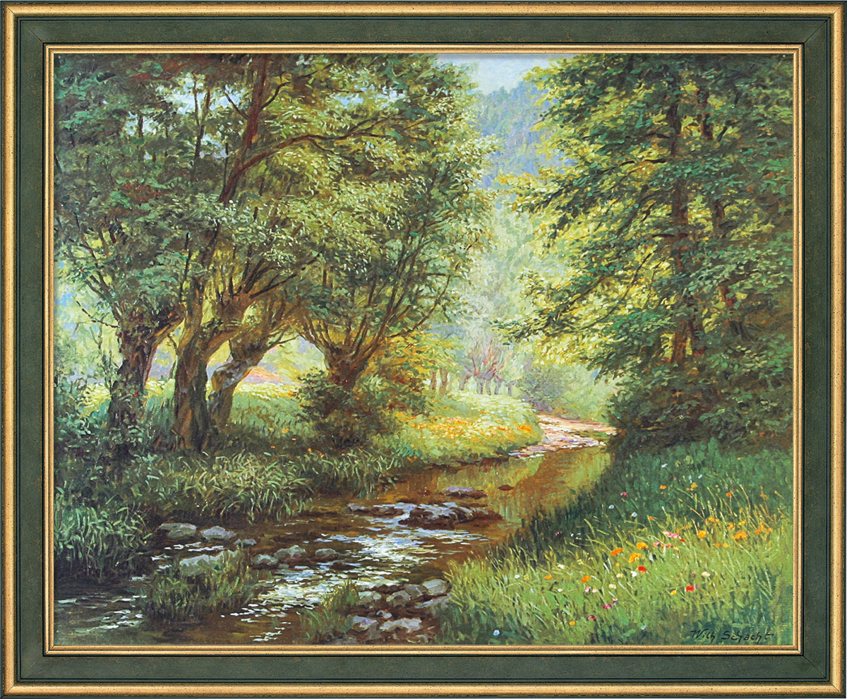 Wilhelm Schacht: Bild 'Forellenbach im Frankenwald', Version grün-goldfarben gerahmt