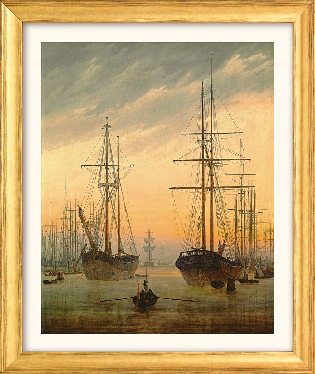 Caspar David Friedrich: Bild 'Ansicht eines Hafens' (um 1815/16), Version goldfarben gerahmt