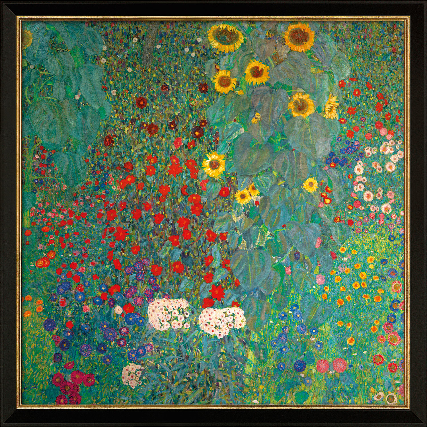 Gustav Klimt: Bild 'Bauerngarten mit Sonnenblumen' (um 1907), Version schwarz-goldfarben gerahmt