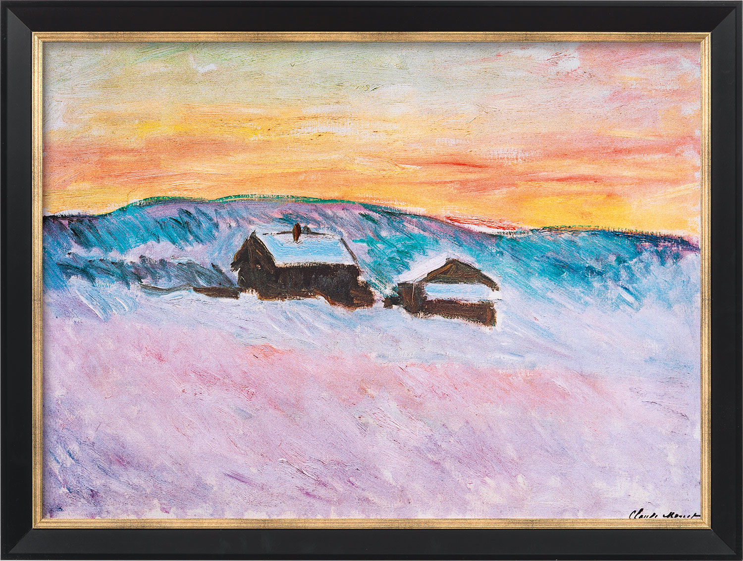 Claude Monet: Bild 'Norwegische Landschaft, Blaue Häuser' (1895), Version schwarz-goldfarben gerahmt