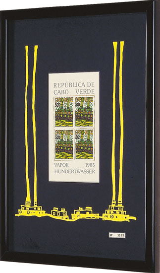 Friedensreich Hundertwasser: Bild 'Vapor - Der Dampfer von Kap Verde'. Sonderausgabe mit 4 Briefmarken à 50 Escudos, gelb