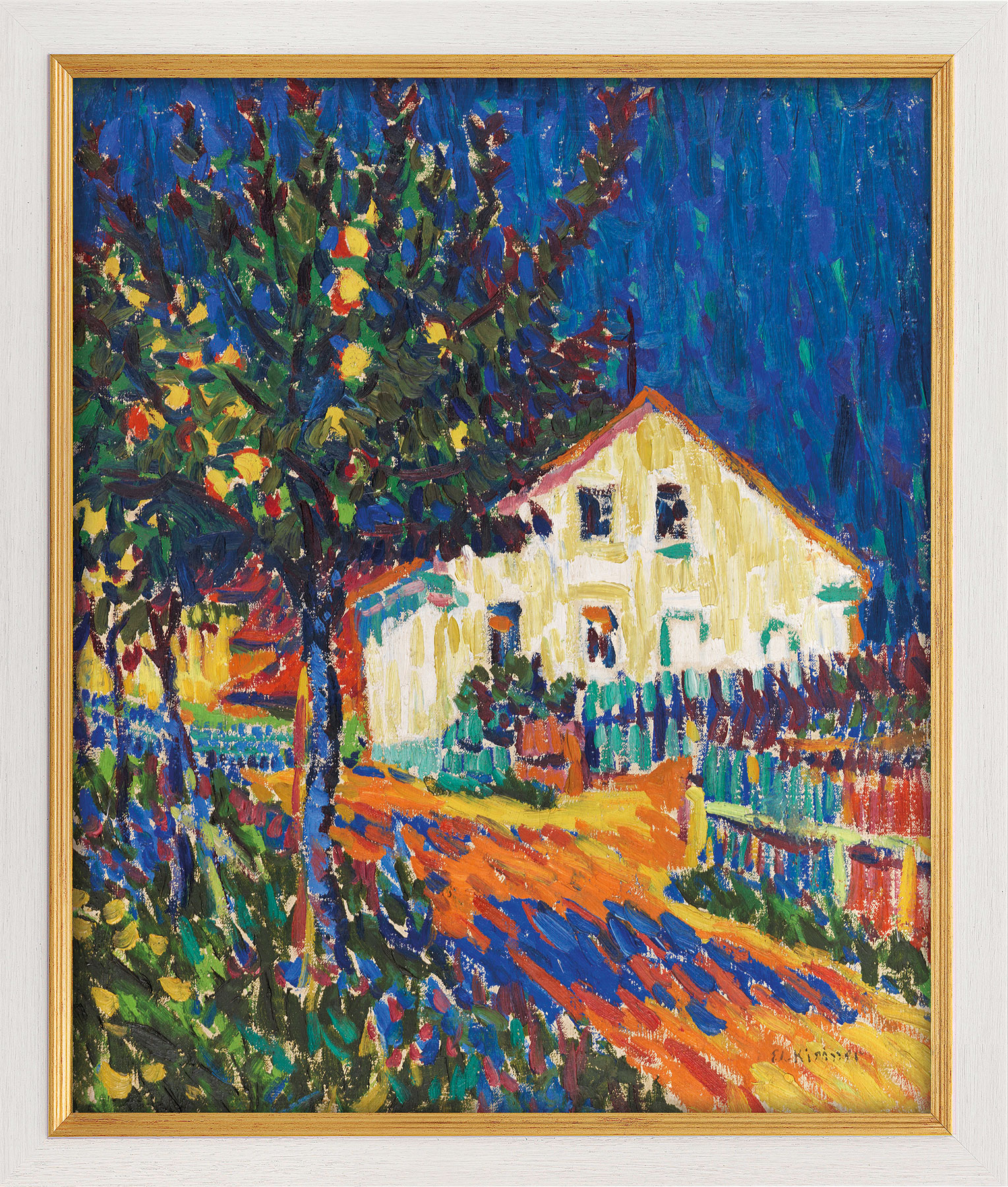 Ernst Ludwig Kirchner: Bild 'Dorfstraße mit Apfelbäumen' (1907), Version weiß-goldfarben gerahmt