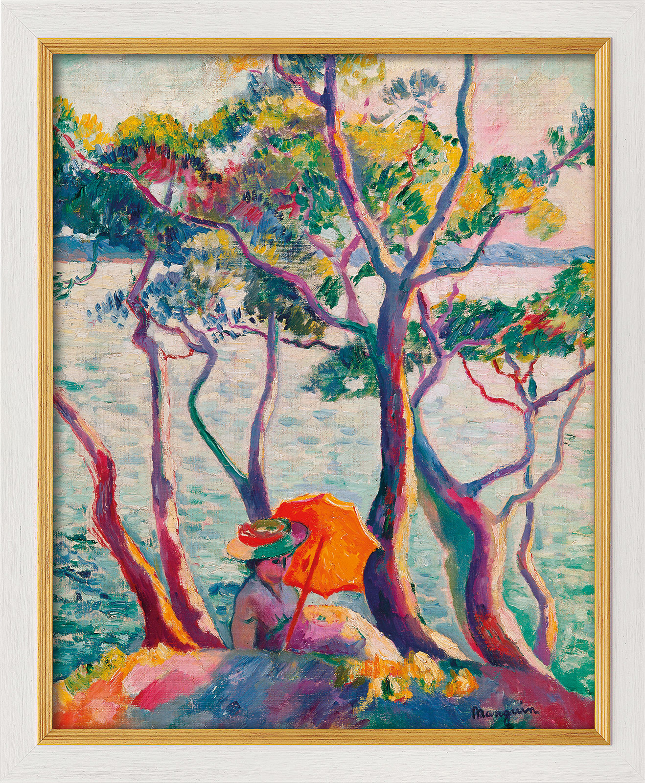 Henri Manguin: Bild 'Jeanne à l'ombrelle, Cavalière' (1905/1906), Version weiß-goldfarben gerahmt