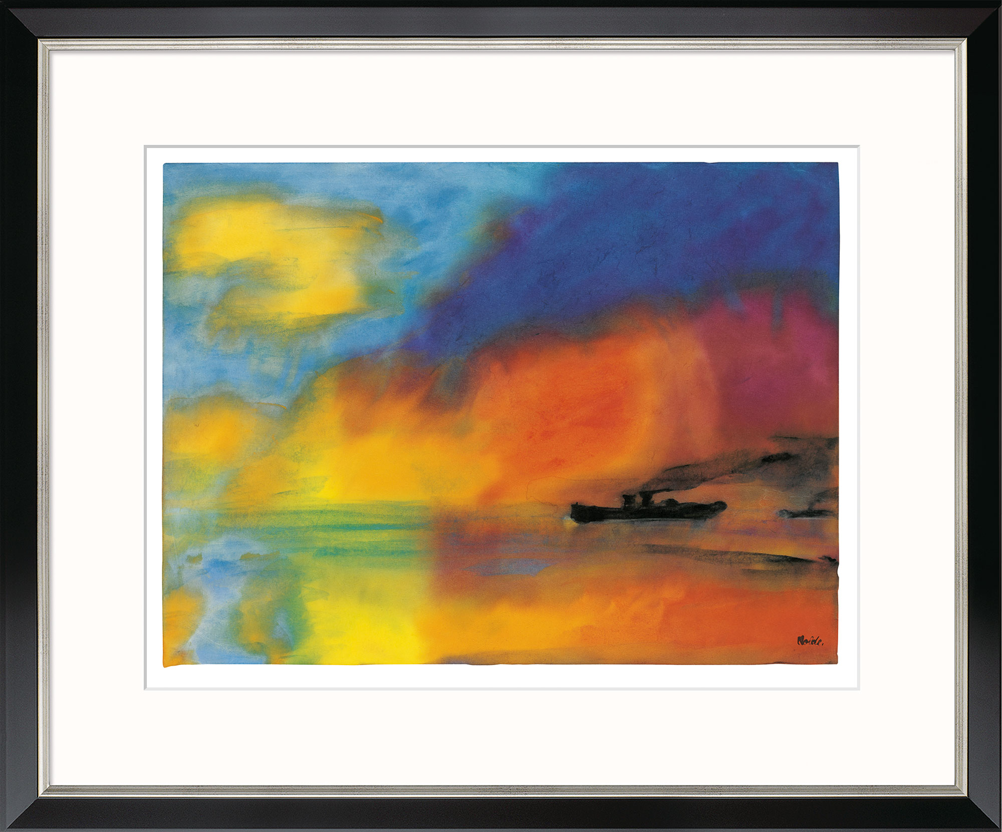 Emil Nolde: Bild 'Meer mit zwei kleinen Dampfern (rot, blau und grün)', Version schwarz-silberfarben gerahmt
