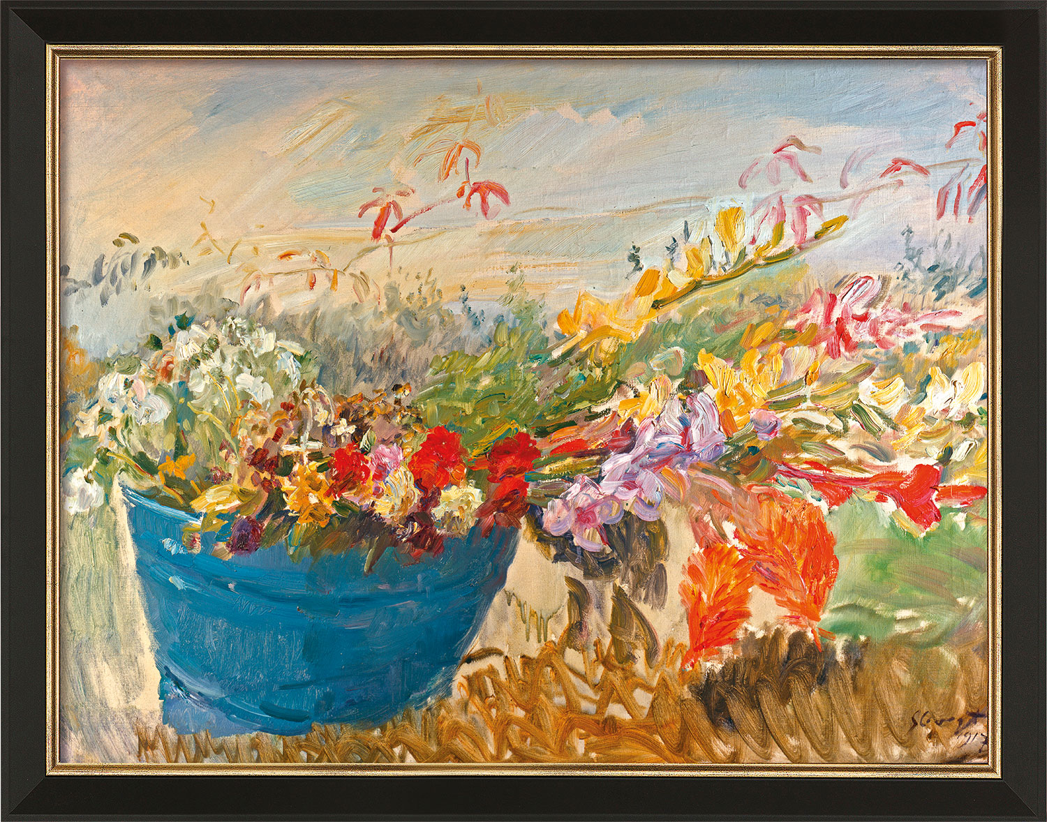 Max Slevogt: Bild 'Blumenstillleben im Freien' (1917), Version schwarz-goldfarben gerahmt