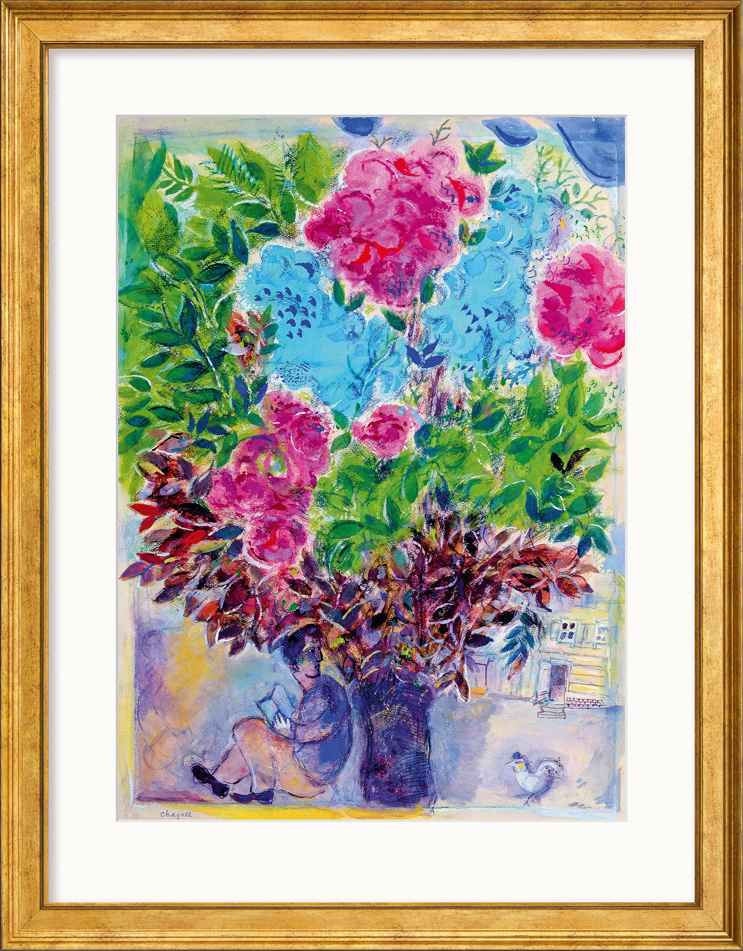 Marc Chagall: Bild 'Der Wartende unter dem Blumenstrauß', Version goldfarben gerahmt