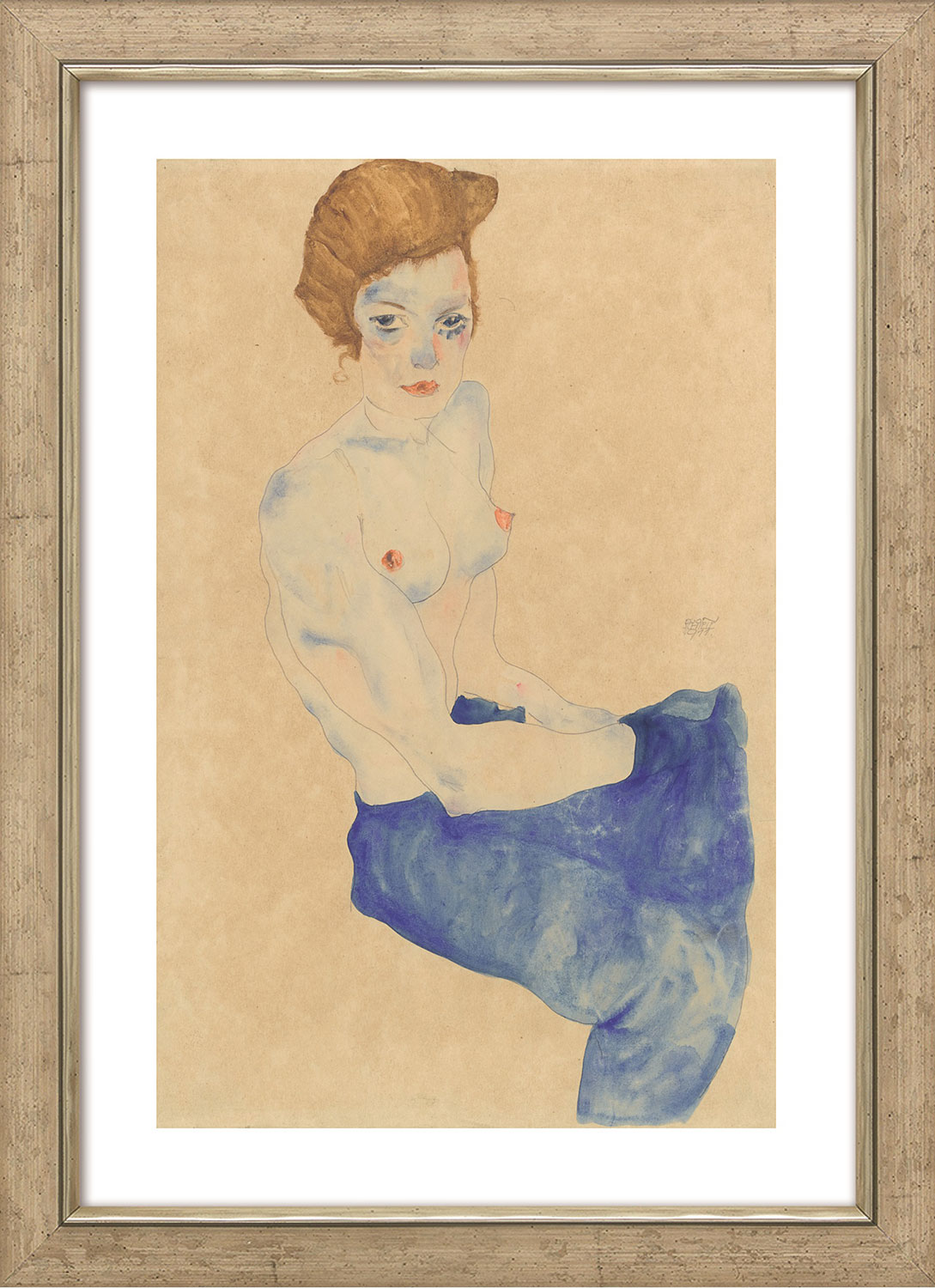 Egon Schiele: Bild 'Sitzendes Mädchen mit nacktem Oberkörper und blauem Rock' (1911), gerahmt