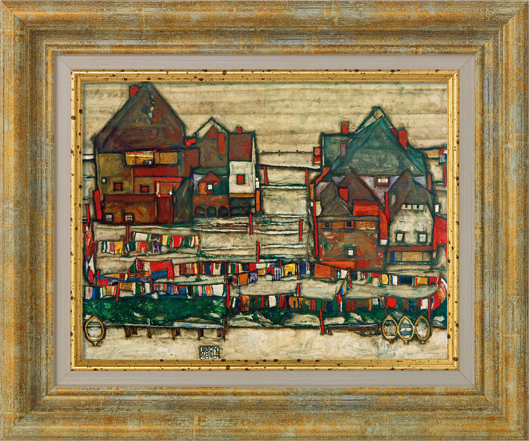 Egon Schiele: Bild 'Häuser mit bunter Wäsche (Vorstadt II)' (1914), gerahmt