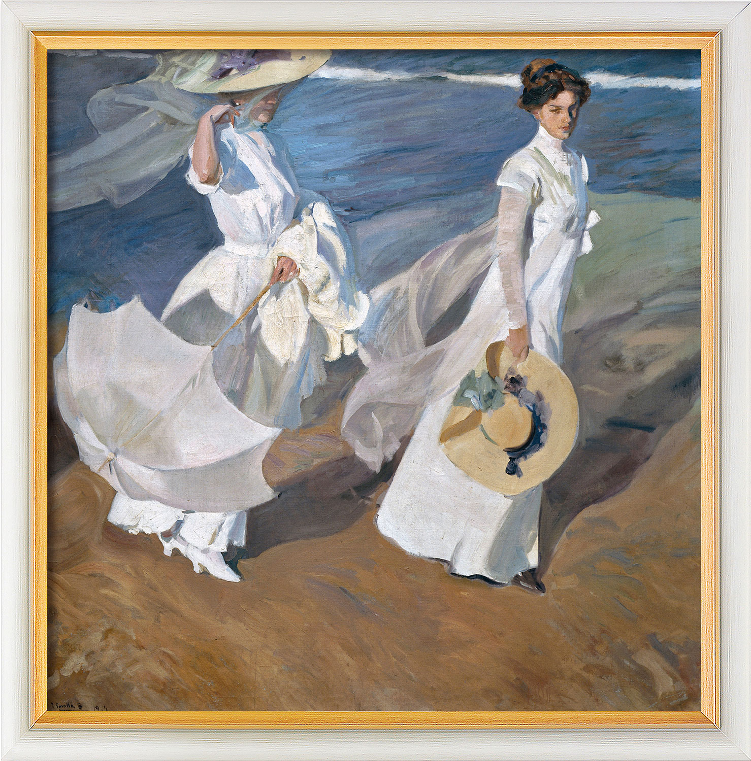 Joaquín Sorolla y Bastida: Bild 'Spaziergang am Strand' (1909), Version weiß-goldfarben gerahmt