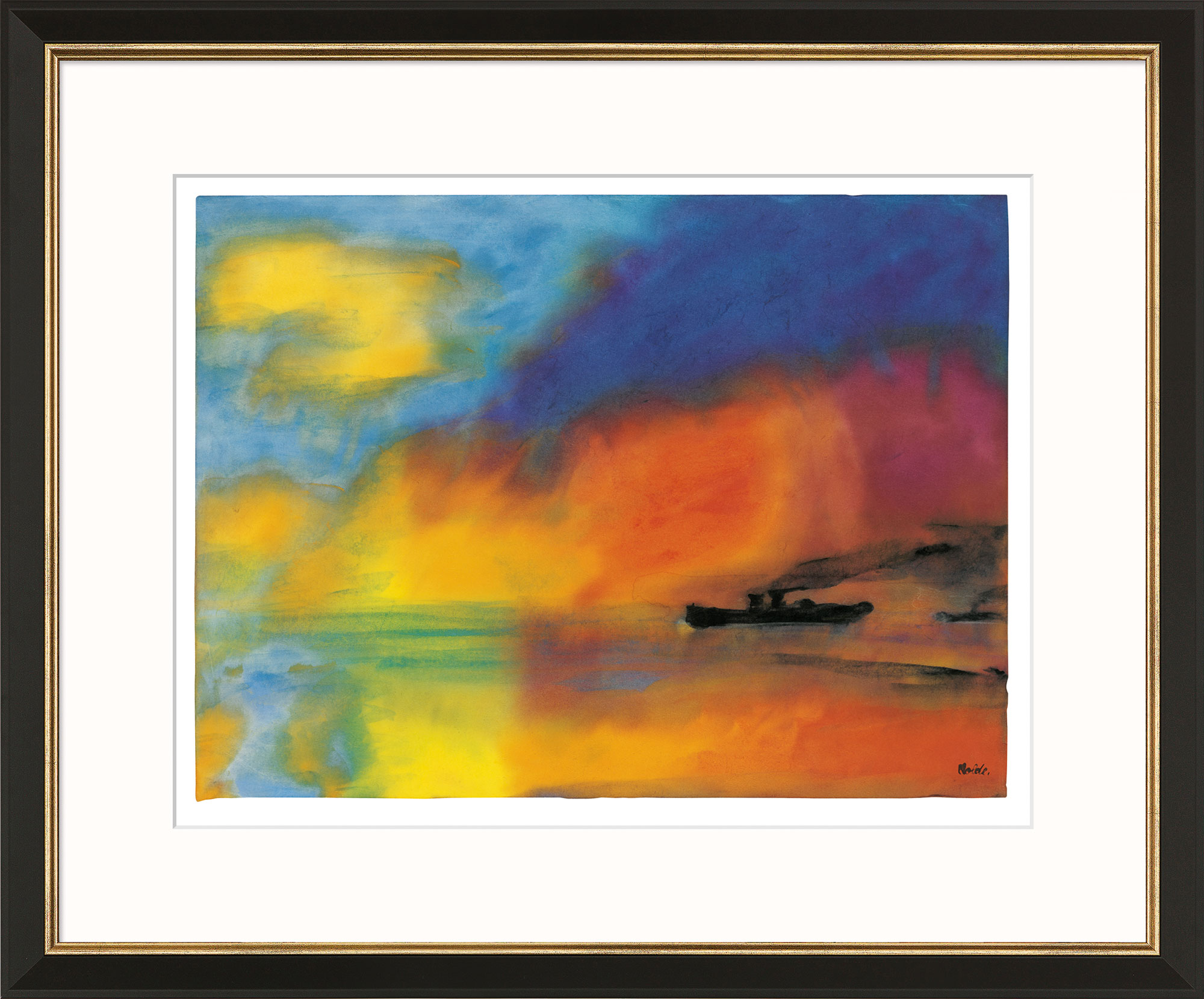 Emil Nolde: Bild 'Meer mit zwei kleinen Dampfern (rot, blau und grün)', Version schwarz-goldfarben gerahmt